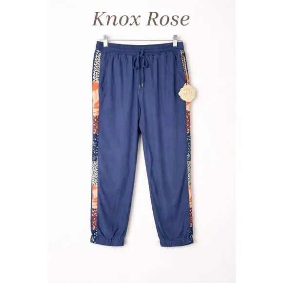 Knox Rose Blue Lyocell Jogger Small Boho Side Stripe Drawstring Casual Lounge - Picture 1 of 8